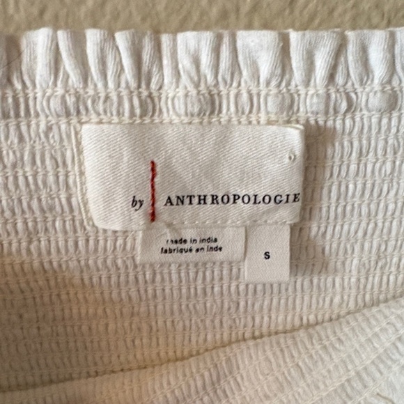 Anthropologie White Cropped Peasant Top with Tan Embroidered Sleeves - Picture 3 of 7